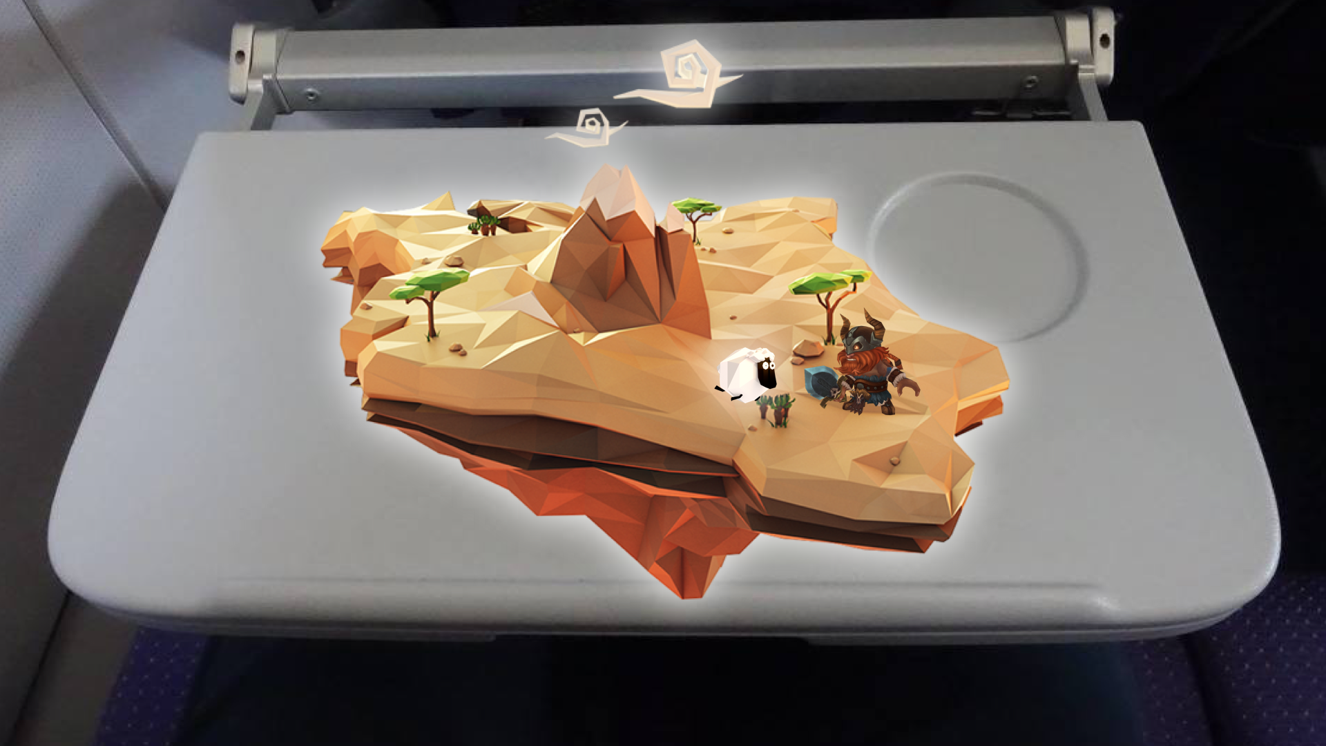 The result of the user's choices, the image shows the warrior and lamb interacting in the desert through an AR view on the user's tray table.